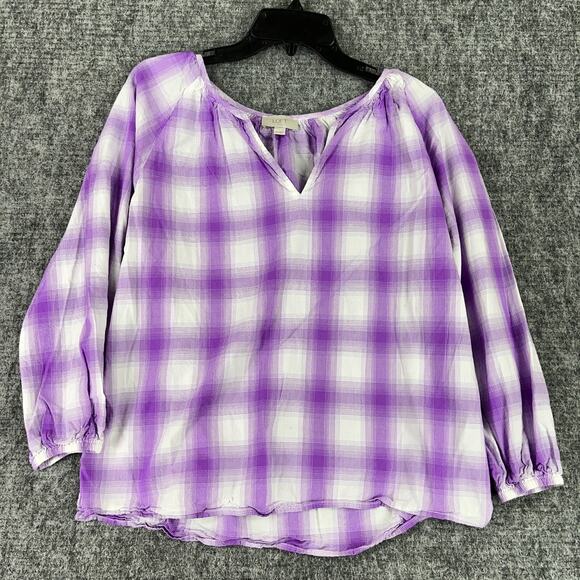 LOFT Tops - Loft Shirt Womens S Purple Plaid V-Neck Puff Sleeve Peasant Cottagecore Flowy